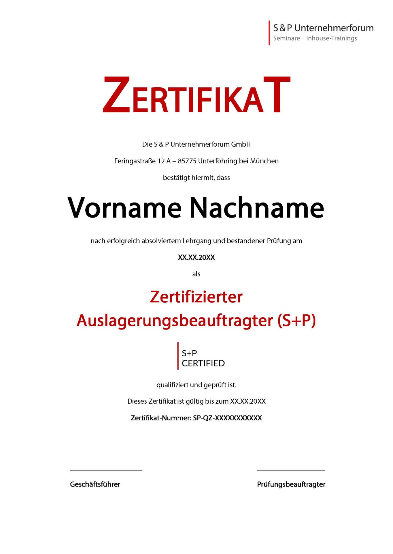 Musterzertifikat Auslagerungsbeauftragter
